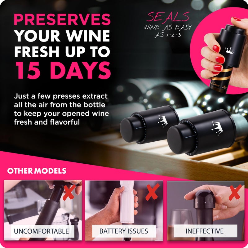 VINABON Vacuum Wine Stopper Set [Pack of 2] - Updated 2026 Preserves Freshness and Flavor for 15 Days. Improved One Pump Button Design, 100% Leak Proof Seal in Any Position. Includes WineGuide eBook - Image 3